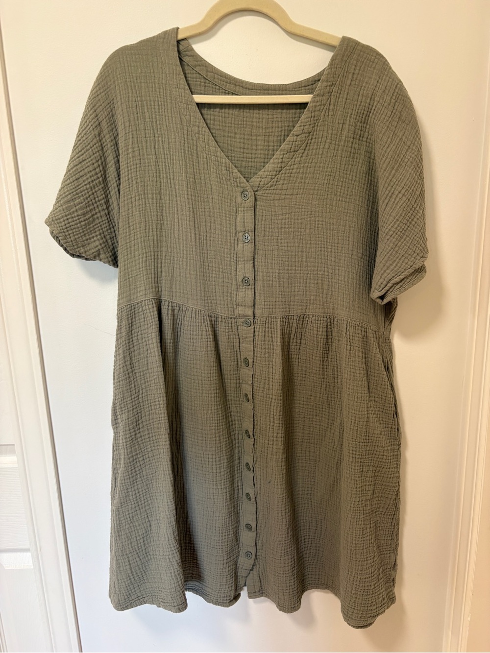 Women’s Button Up Mini Dress Linen-Feel 100% Cotton XL green Tradwife Homestead